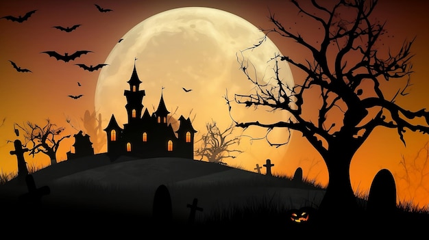 Paysage effrayant d'halloween avec la pleine lune en couleur orange