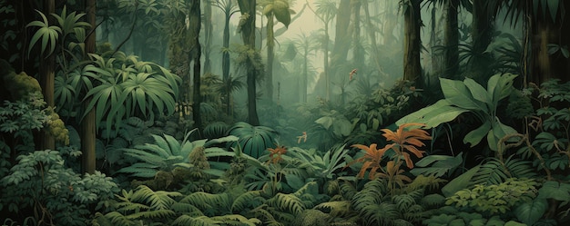 Le paysage enchanté de la forêt tropicale au crépuscule