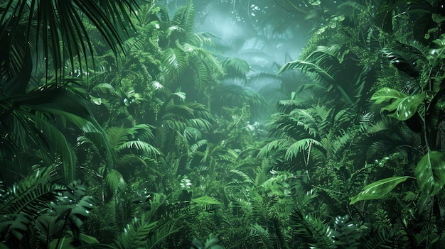 Un paysage enchanteur de forêts tropicales humides avec une verdure luxuriante et une atmosphère brumeuse