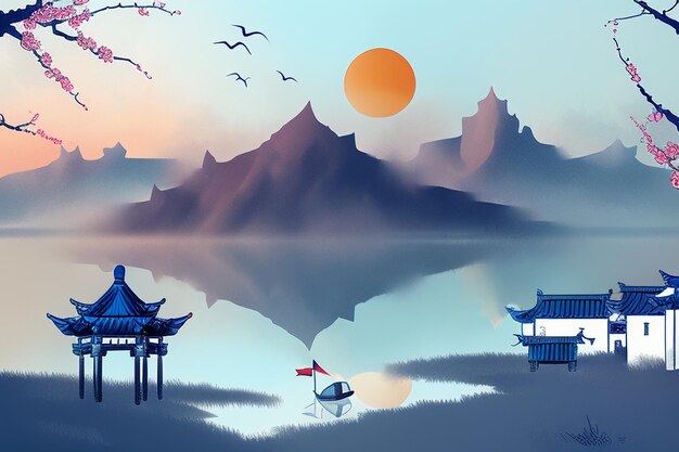 Paysage d'encre aquarelle chinoise, maison de lac, fleur de prunier, oiseau, pavillon d'arbre, soleil, beau paysage