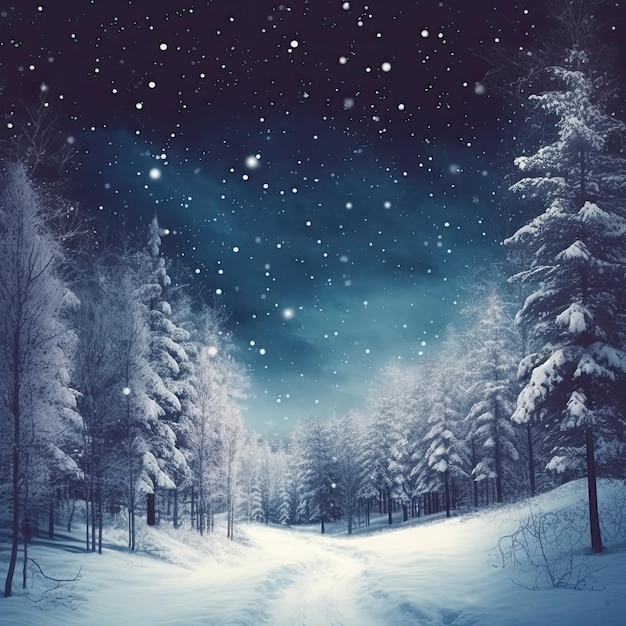 Un paysage enneigé avec des arbres et un ciel rempli d'étoiles