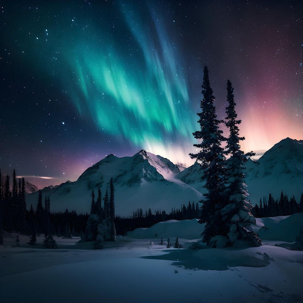 Un paysage enneigé avec des aurores boréales au-dessus