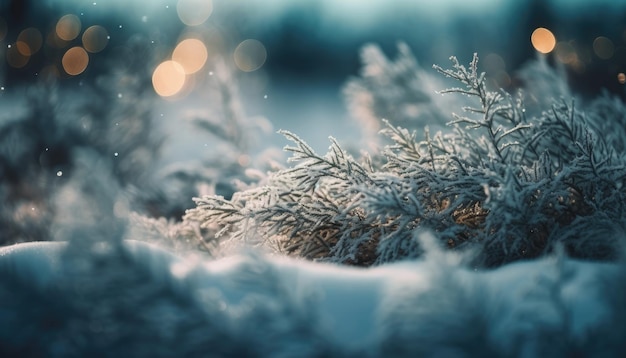 Un paysage enneigé avec une branche d'arbre couverte de neige