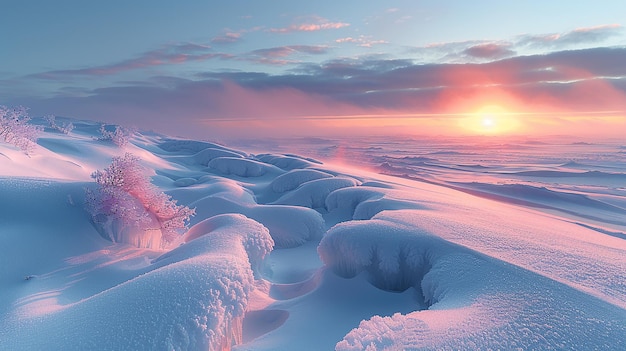 un paysage enneigé avec un coucher de soleil et un sol couvert de neige