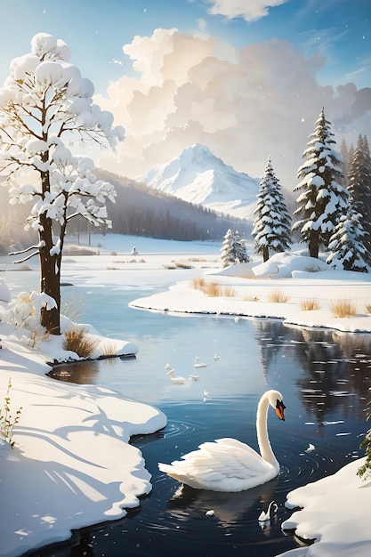 Un paysage enneigé avec un cygne dans l'eau avec montagne