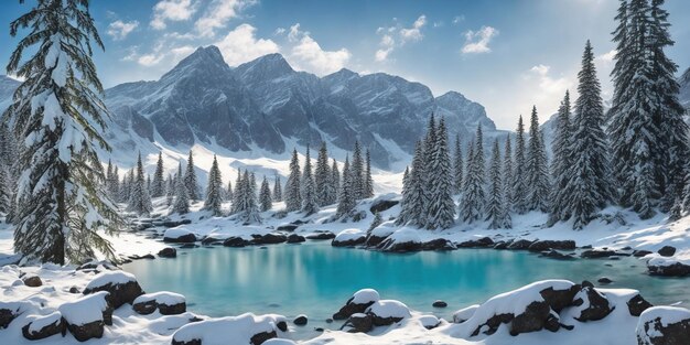 Photo un paysage enneigé avec un lac bleu et des montagnes en arrière-plan.