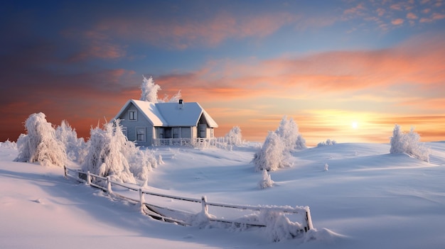 Paysage enneigé avec une maison et des arbres au premier plan