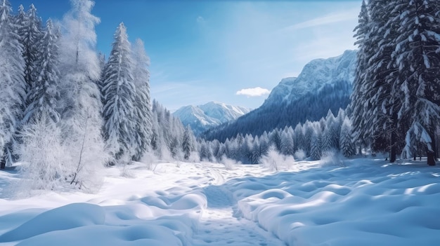 Un paysage enneigé avec une montagne enneigée en arrière-plan.