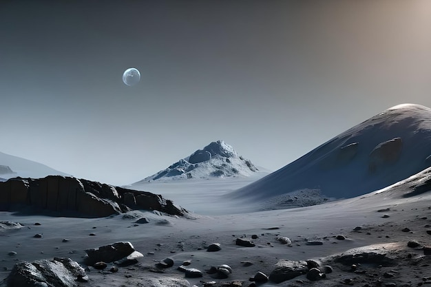 Un paysage enneigé avec une montagne et une lune à l'horizon.