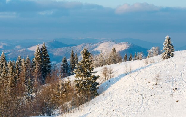 Paysage enneigé de montagne de soirée d'hiver