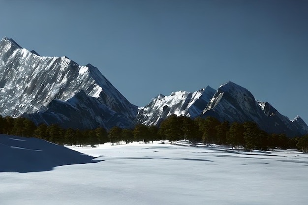 Un paysage enneigé avec des montagnes en arrière-plan