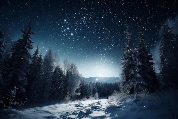 Un paysage enneigé avec un paysage enneigé et les étoiles qui brillent dans le ciel.