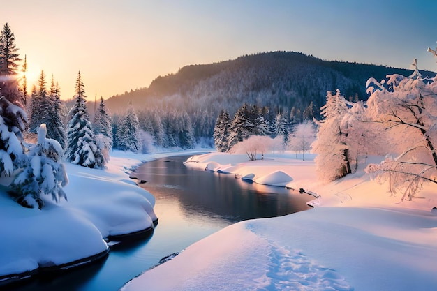 Un paysage enneigé avec une rivière et des arbres couverts de neige.