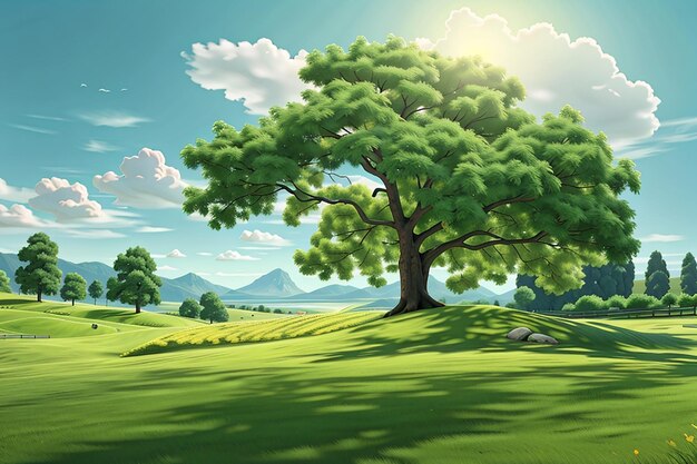 Paysage ensoleillé 3d avec arbre dans l'herbe verte brillante