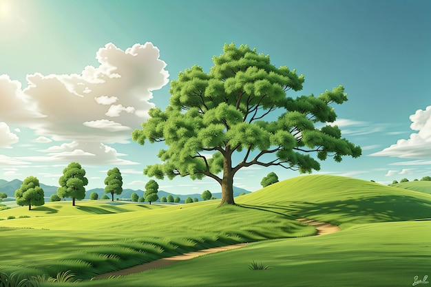 Paysage ensoleillé 3d avec arbre dans l'herbe verte brillante