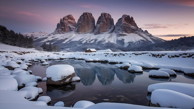 Photo le paysage époustouflant des rochers enneigés des dolomites, dans les alpes italiennes, en hiver