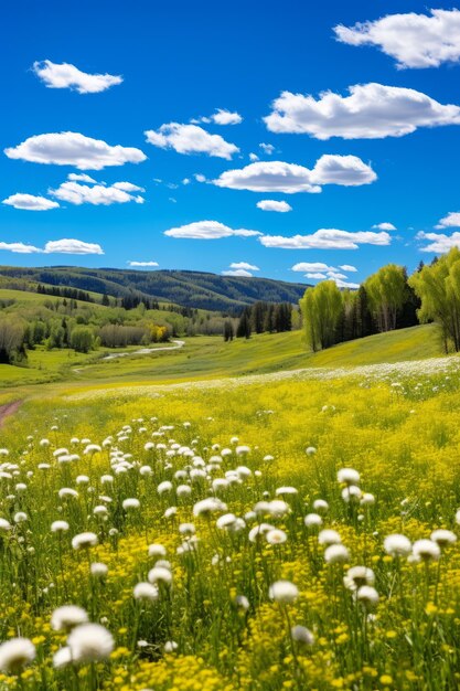 Photo le paysage époustouflant d'une vallée verdoyante avec un spectacle vibrant de fleurs sauvages et une rivière cristalline qui coule à travers elle