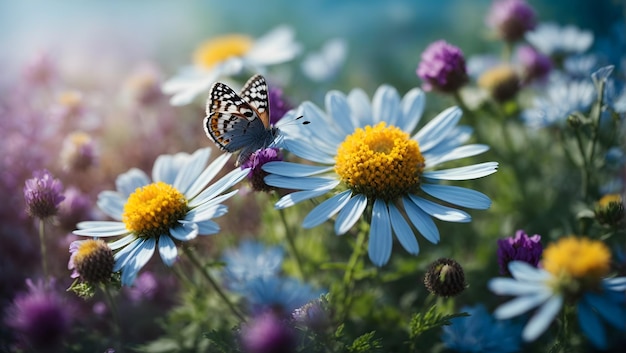 Le paysage est magnifique les fleurs sauvages la camomille le violet les pois sauvages le papillon