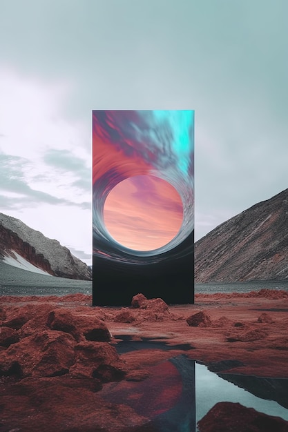 Photo paysage esthétique avec un miroir psychédélique au milieu illustration réalisée avec generative ai