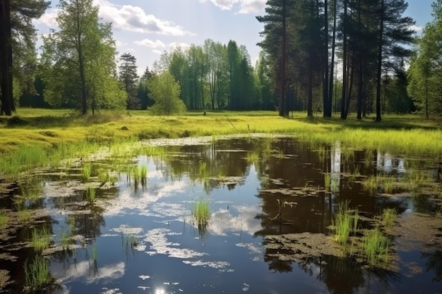 Paysage avec étang de campagne