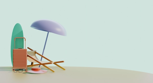 Paysage d'été 3D avec chaise longue, parasol et valise