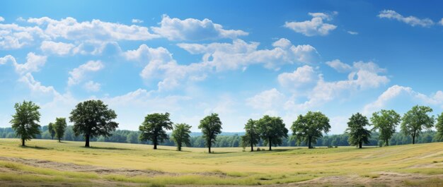 Photo paysage d'été avec des arbres sur la prairie et un ciel bleu avec des nuages