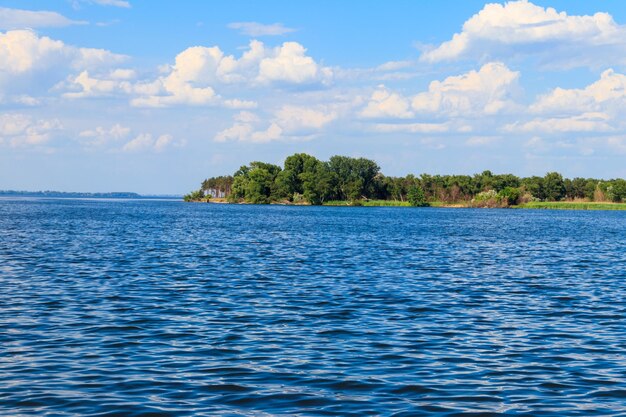 Paysage d'été avec de beaux arbres verts de lac et un ciel bleu