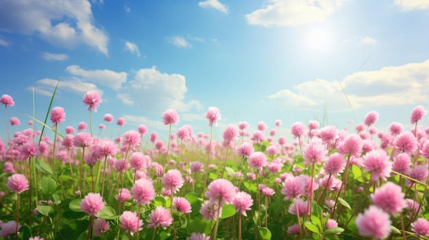 Paysage d'été avec un champ de trèfle rose en fleurs