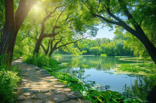 Paysage d'été coloré avec des lacs d'arbres et un sentier de pierre