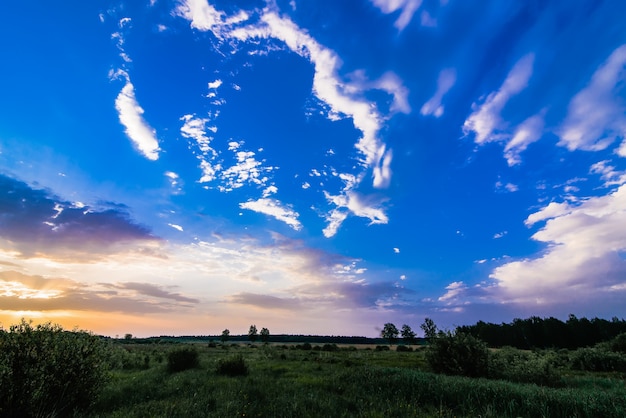 Paysage d'été dans un champ avec le lever ou le coucher du soleil et les rayons du soleil sur un ciel nuageux et pré