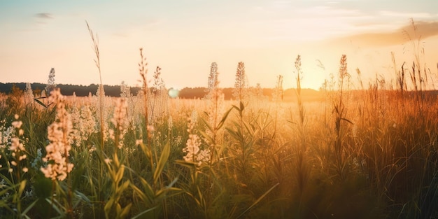 Paysage d'été du terrain au coucher du soleilModèle d'été coloré Concept de loisirs AI générative