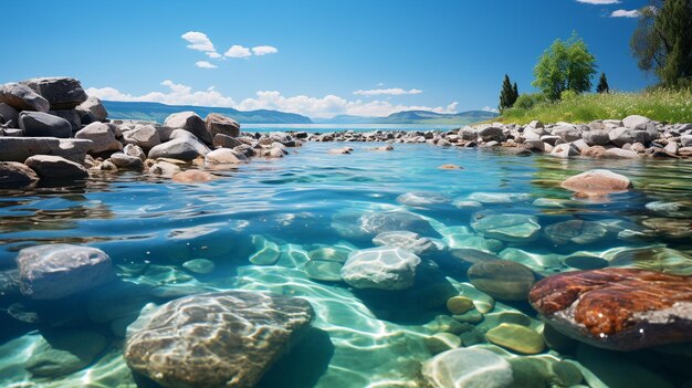 Photo paysage d'été avec de l'eau claire et des pierres