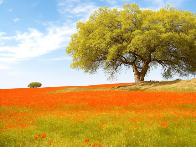 Photo paysage d'été exotique avec un arbre sec près d'un champ de fleurs de pavot en fleurs