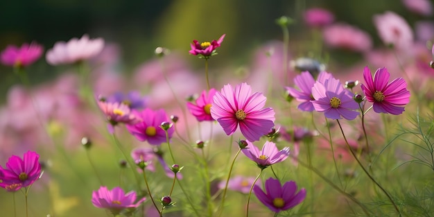 Paysage d'été avec des fleurs roses et de l'herbe verteModèle d'été coloré Concept de loisirs AI générative