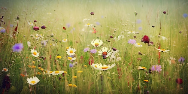 Paysage d'été avec des fleurs roses et de l'herbe verteModèle d'été coloré Concept de loisirs AI générative