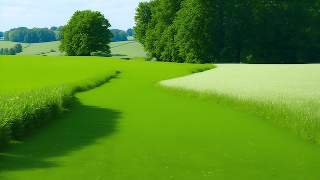 Paysage d'été avec de l'herbe verte dans un champ et une forêt au loin par temps ensoleillé Génération d'IA