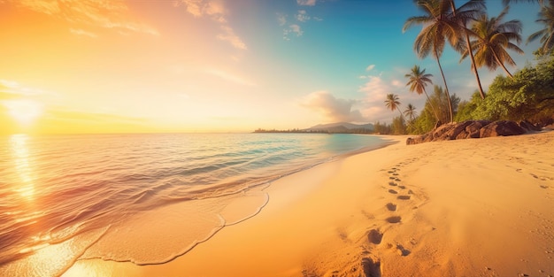 Paysage d'été d'une journée ensoleillée sur la plage avec des vagues de la merModèle d'été coloré Concept de loisirs Generative AI