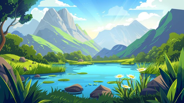 Paysage d'été avec un lac près du pied des montagnes paysage moderne de dessin animé avec des lys d'eau hauts sommets de collines et ciel bleu