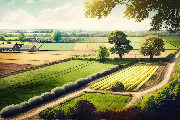 Paysage d'été léger avec des champs avec des jardins potagers et des arbres créés avec une IA générative