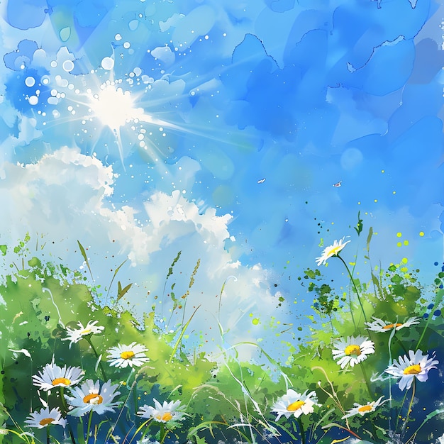 Paysage d'été avec des marguerites et un ciel bleu Illustration vectorielle