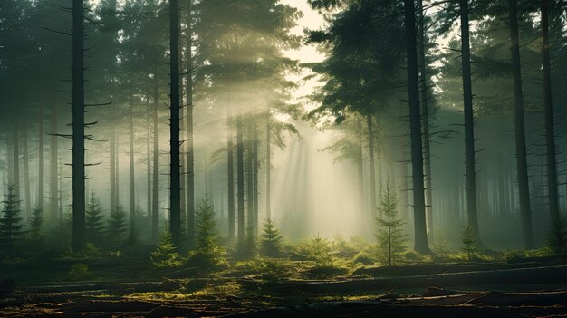 Un paysage d'été onirique avec d'anciennes silhouettes de pins dans un brouillard matinal entouré d'une vue panoramique sur la majestueuse forêt à feuilles persistantes Les rayons du soleil ajoutent une touche atmosphérique