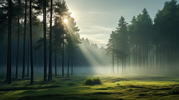 Un paysage d'été onirique avec d'anciennes silhouettes de pins dans un brouillard matinal entouré d'une vue panoramique sur la majestueuse forêt à feuilles persistantes Les rayons du soleil ajoutent une touche atmosphérique