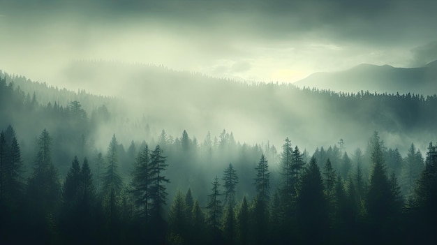 Un paysage d'été onirique avec d'anciennes silhouettes de pins dans un brouillard matinal entouré d'une vue panoramique sur la majestueuse forêt à feuilles persistantes Les rayons du soleil ajoutent une touche atmosphérique