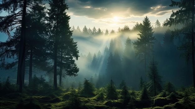 Un paysage d'été onirique avec d'anciennes silhouettes de pins dans un brouillard matinal entouré d'une vue panoramique sur la majestueuse forêt à feuilles persistantes Les rayons du soleil ajoutent une touche atmosphérique