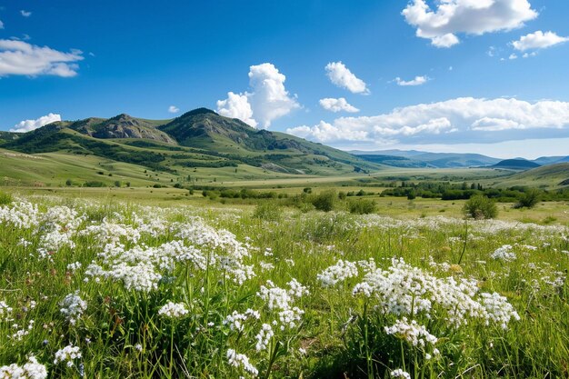 Paysage d'été peint prairie fleurie et gazon vert panoramique