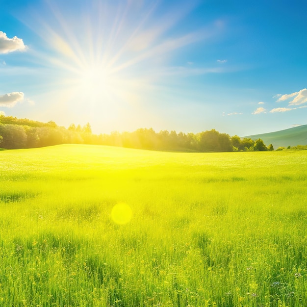 Paysage d'été avec des prés et des rayons de soleil