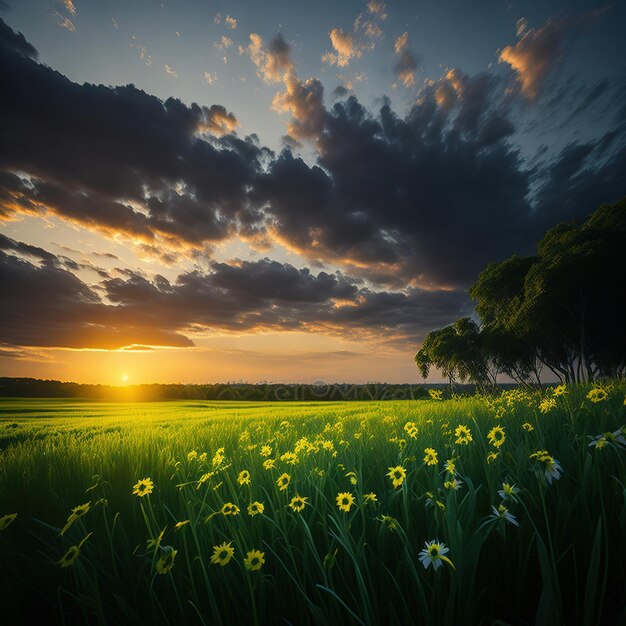 Paysage d'été avec des prés et des rayons de soleil