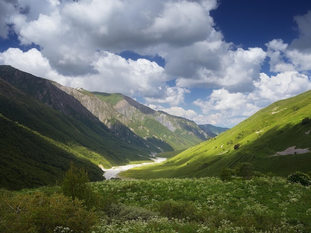 Paysage d'été avec rivière dans une vallée de montagne. Vue depuis le beau ciel au-dessus des montagnes. Zemo Svanetii, Géorgie, Caucase