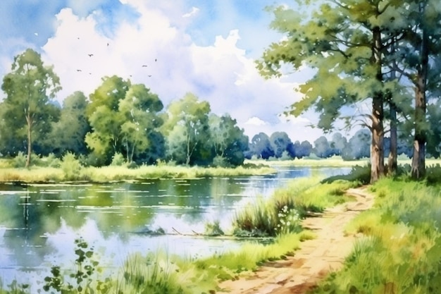 Paysage d'été tranquille une aquarelle