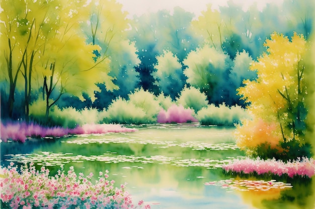 Paysage d'été tranquille Une peinture à l'aquarelle du champ du lac du parc et de la rivière AI générative